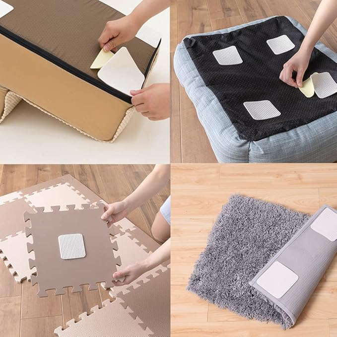 FuKuEn Rug Pad Gripper for Hardwood Floor Non-Slip Vacuum Tech Invisible Grippers for Carpet Anti Skid Self Adhesive Area Rug Pad for Tile Washable Cuttable Reusable Rug Tape 10x10cm