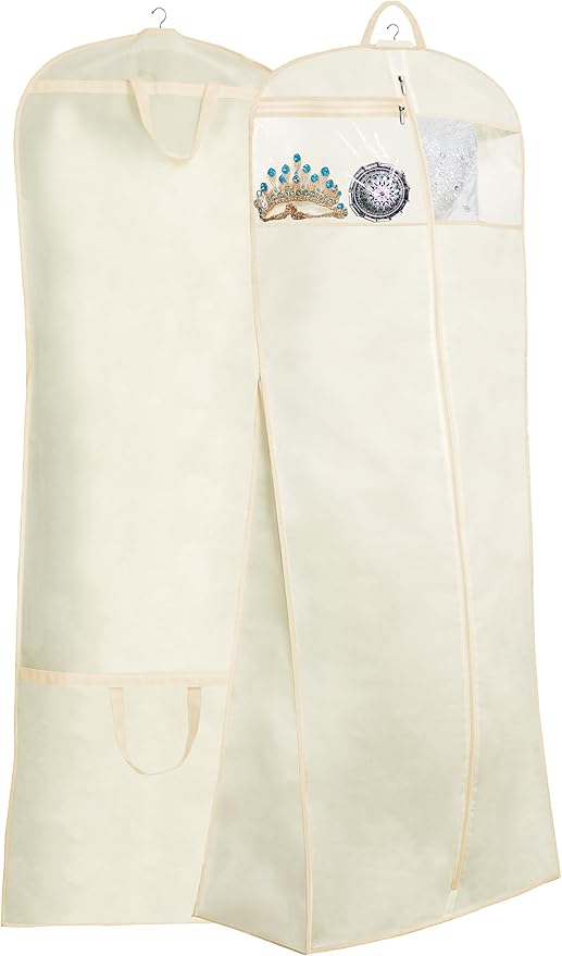MISSLO 70" Bridal Wedding Gown Dress Garment Bag with Accessories Pouch Large Travel Garment Cover 8" Gusset (Beige)