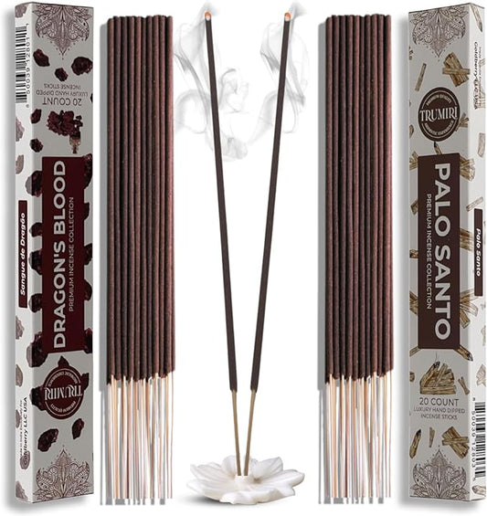 Trumiri Incense Sticks - Combo Pack of 40 Insence-Sticks - 20 Dragons Blood + 20 Palo Santo - Insenses - Insents - Incents - Inscense - Incence - Incienso - All Natural Incense Sticks
