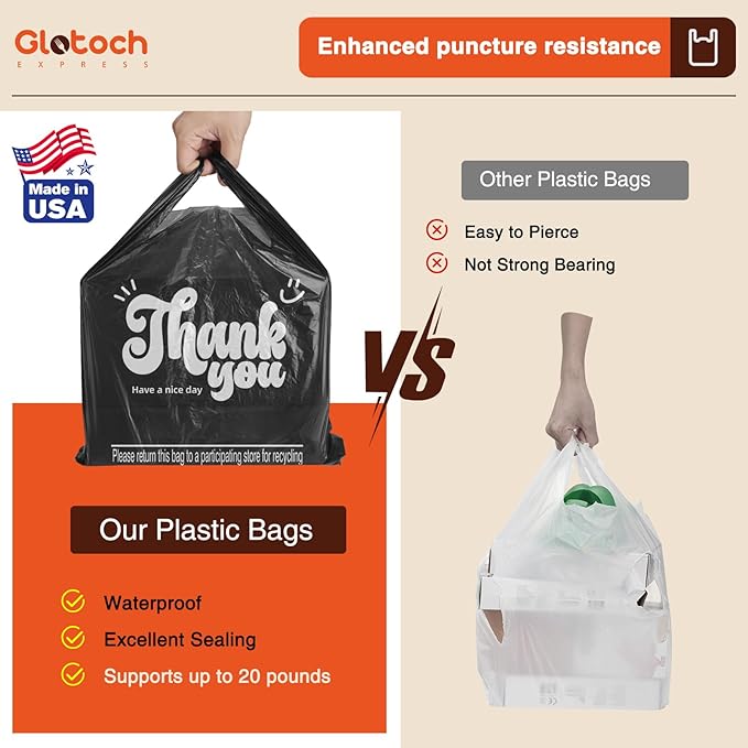 Glotoch 1000 Count Plastic Thank You T-shirt Bags Black, 11.5" x 6.5" x 21" Grocery Bags with Handles for Restaurant, Retail, Grocery Store, Takeout, Convenience Stores, Shopping Bag in Bulk