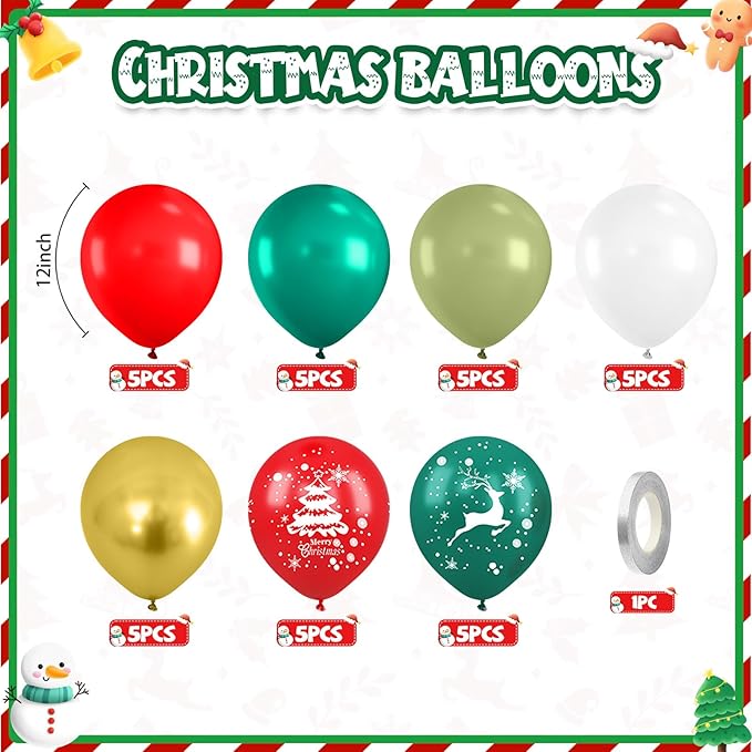 Christmas Balloons, Red Green Gold Balloons with Tree Elk Santa Claus Print Balloon, Retro Green Gold Red and White Xmas Party Balloon for Christmas Birthday New Year Winter Holiday Party Decorations