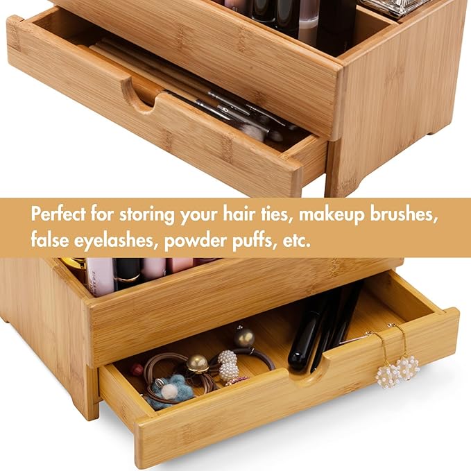 GOBAM Bamboo Makeup Organizer and Storage with Drawer, Wooden Cosmetic Organizer Countertop for Bathroom, Bedroom, Kitchen & Dresser, Desk Organizer with Drawers and Makeup Vanity Station - Medium