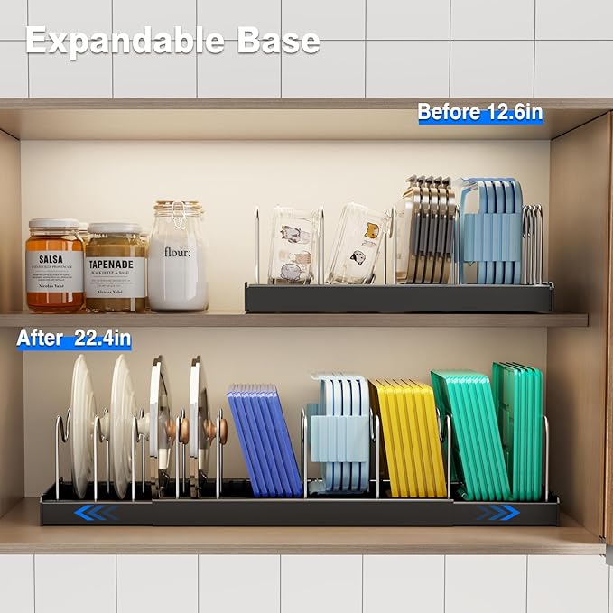 Pots and Pans Organizer Under Cabinet, 22" Expandable Food Storage Container Lid Organizers with 9 Adjustable Dividers Pot and Pan Lid Holders Rack Inside Cabinet/Countertop (1 Pack, Black)