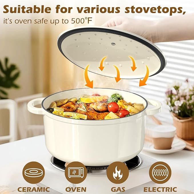 Umite Chef Enameled Cast Iron Dutch Oven-7QT Pot with Lid Cookbook & Cotton, Heavy-Duty Cookware for for Bread Baking, Braising, Stews, Marinate, Cook(Cream White)