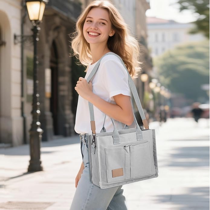 Canvas Tote Bag for Women Crossbody Work Purse with Pockets Top Handle Handbag Satchel Bags for Travel Nurse Teacher