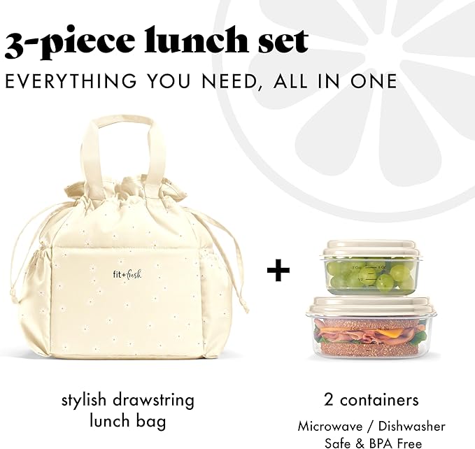 Fit & Fresh Cromwell Drawstring Lunch Bag for Women, Complete Lunch Set with 2 Containers, Stain-Resistant, Leak-Resistant, Back to School Essential, Teacher Lunchbox, Ivory Daisies
