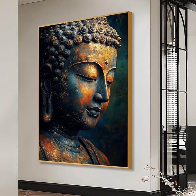Buddha Statue Canvas Art, Zen Meditation Décor, Framed Print for Bedroom, Yoga Room, and Living Room (Black Framed, 32"x48"|82x122cm)