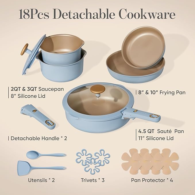 CAROTE 18Pcs Pots and Pans Set, Nonstick Cookware Set Detachable Handle, kitchen Pan Set, Induction kitchen cookware Non Stick, RV Cookware Sets, Oven Safe, Blue