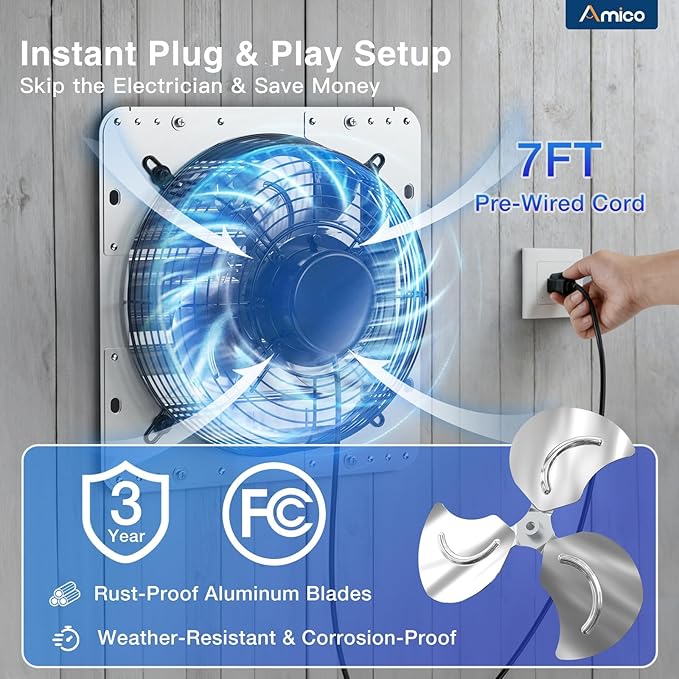 Amico 10" Shutter Exhaust Fan with Remote, 9-Speed Energy Efficient & Quiet 13W DC Motor 1000 CFM Wall Mount Ventilation Fan for Garage,Greenhouse,Attic & Chicken Coop,Plug & Play,8-Hour Timer,FCC