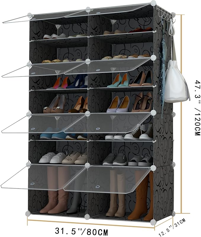 HOMICKER Shoe Rack Organizer, 32 Pair Shoe Storage Cabinet with Door, Expandable Plastic Shoe Shelves for Closet, Heels, Boots, Slippers, 8 Tier