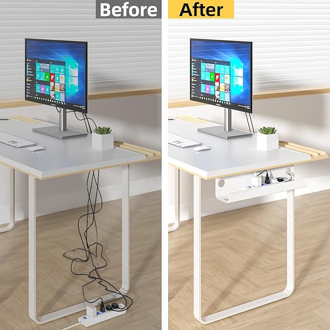 YECAYE Large Under Desk Cable Management, Easy Install Cable Management Under Desk with 4 Cord Holders & 6 Ties, Child & Pet-Safe Cord Hider, Wire Organizer, Wire Cover Tray, White