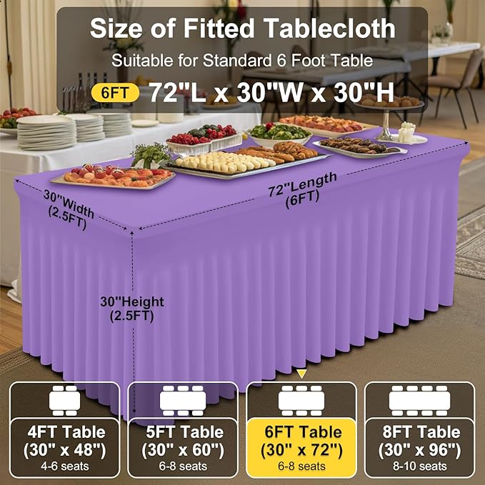 Smiry Spandex Tablecloth 2 Pack, Elastic Fitted Stretch Tablecloth for 6FT Rectangle Tables, Waterproof Washable Table Cover Skirt for Wedding, Banquet & Parties (Lavender, 72Lx30Wx30H Inch)