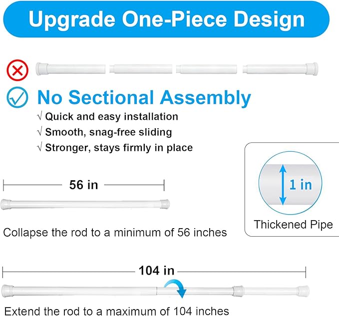 2 Pack No Sectional Assembly Shower Curtain Rod 56-104 Inch, 1" Diameter Spring Long Adjustable Tension Curtain Rods for Bathroom Windows Closet No Drilling No Rust, White