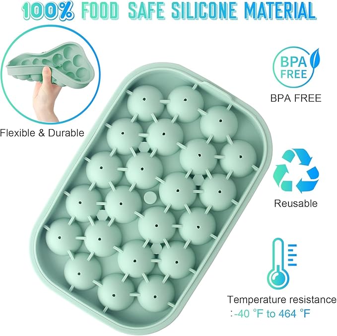 Ice Cube Tray, 2 Pack Silicone Ice Balls Maker with Lid BPA Free Easy-Release Ice Cube Trays for Freezer, DIY Homemade Round Ice Cubes for Whiskey, Cocktails, Coffee (Green)