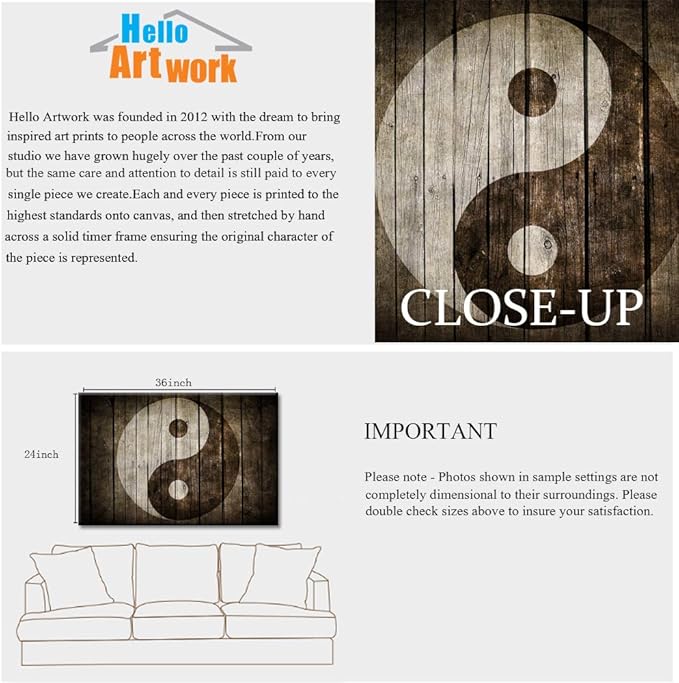 iHAPPYWALL Vintage Yin Yang Symbol Canvas Wall Art Black and White Spiritual Peace Tao Gossip Chinese Religion Zen Giclee Canvas Print for Living Room 24"x36"