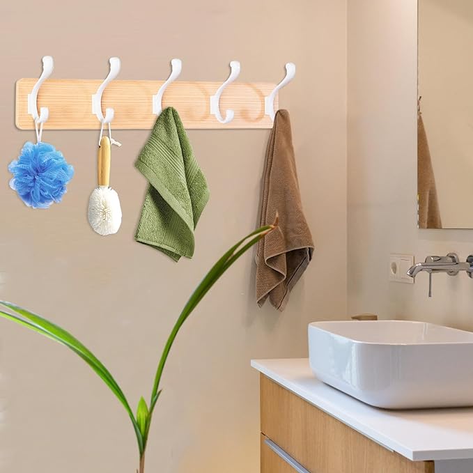 Coat Rack Wall Mount Coat Hooks Coat Hanger with 5 Hooks 2 Installation Over Door Hooks Wood Plank Hat Rack for Wall Hooks Hanging Coat Hat Jacketgt Mudroom Bathroom Entryway-White