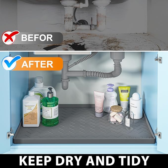 TigeJoy Under Sink Mats for Kitchen Waterproof, Leak-Proof Silicone Mat Sink Protector and Cabinet Liner, Kitchen Essentials Organizer and Storage 31" x 22" Light Grey