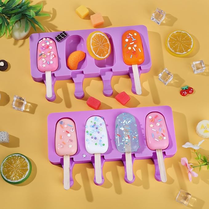 Ouddy Life Popsicle Molds Set of 2, Ice Pop Molds Silicone 4 Cavities Ice Cream Mold Oval Cake Pop Mold with 50 Wooden Sticks for DIY Popsicle (Purple)