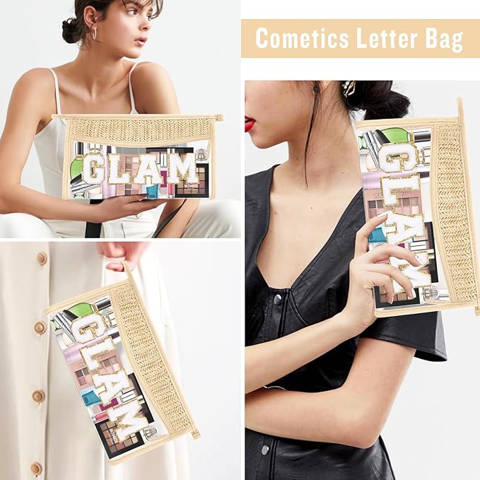 Boho Clear Makeup Letter Patch Makeup Bag GLAM Pouch, Clear Toiletry Bags Travel Small Cute Chenille Letter Cosmetic Zipper Pouch Purse, Transparent PVC Waterproof Make Up Storage for Women Girl (GLAM)