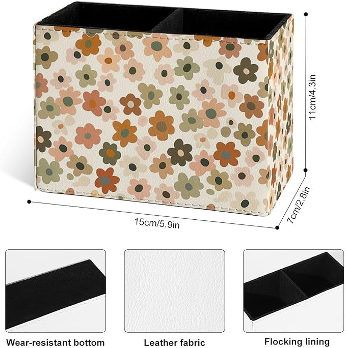 Famame Small Flowers Pattern Vintage Pencil Holder for Desk, Leather Desktop Container Pen Cup Storage Study Table Pen Organizer Makeup Brush Holder for Classroom Office Home