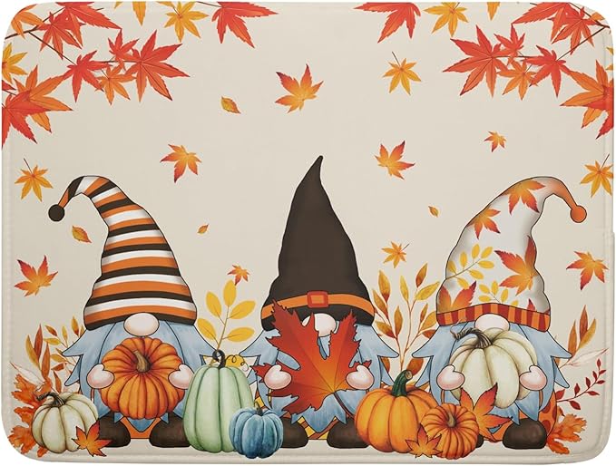 Fall Gnome Dish Drying Mat for Kitchen Counter Autumn Pumpkin Maple Leaves Dishes Pad Absorbent Fast Dry Dish Drainer Rack Mats 18x24 Inch Thanksgiving Day Drying Mats for Counter Accessories