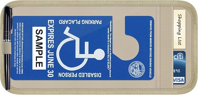 Handicap Placard Holder for Auto, Wisdompro Disabled Parking Permit Sign Protector for Car Sun Visor with Note Paper Slot, Pen Holder and Elastic Strap - Khaki