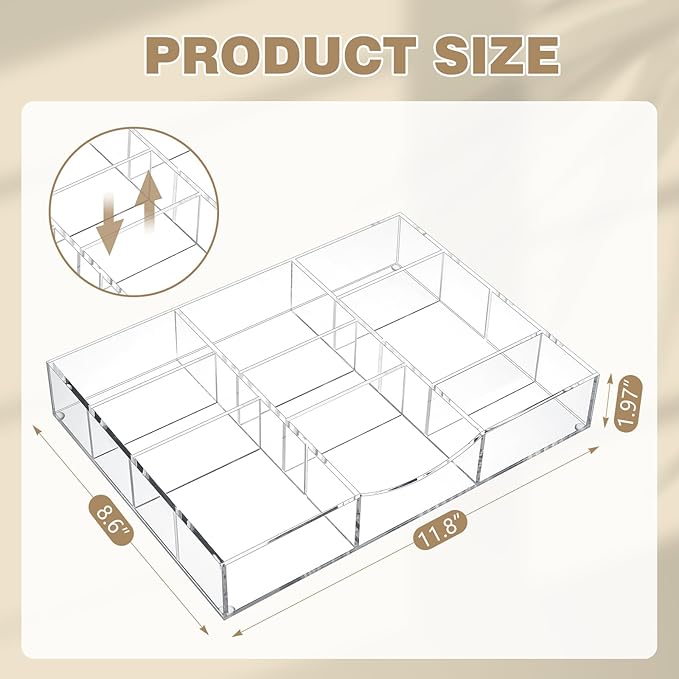 Briwooody Acrylic Drawer Organizer Clear Desk Drawer Organizer Trays with Adjustable Compartments Desk Accessories for Office Stationery Makeup Silverware Bathroom (Non-Expandable)