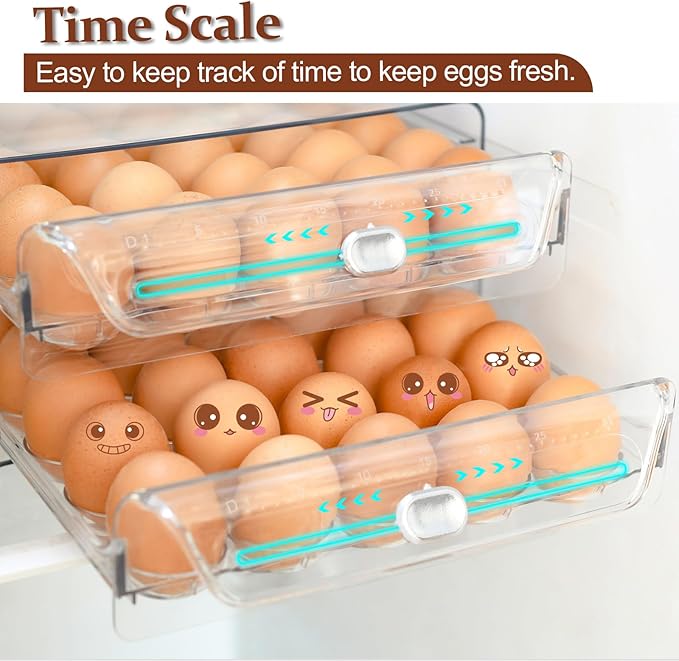MFBJXC Egg Holder for Refrigerator,60 Eggs Clear Drawer Organizer,2 Layer Stackable Egg Holder Egg Trays,Egg Storage Container with Time Scale for Fridge Countertop Cabinet