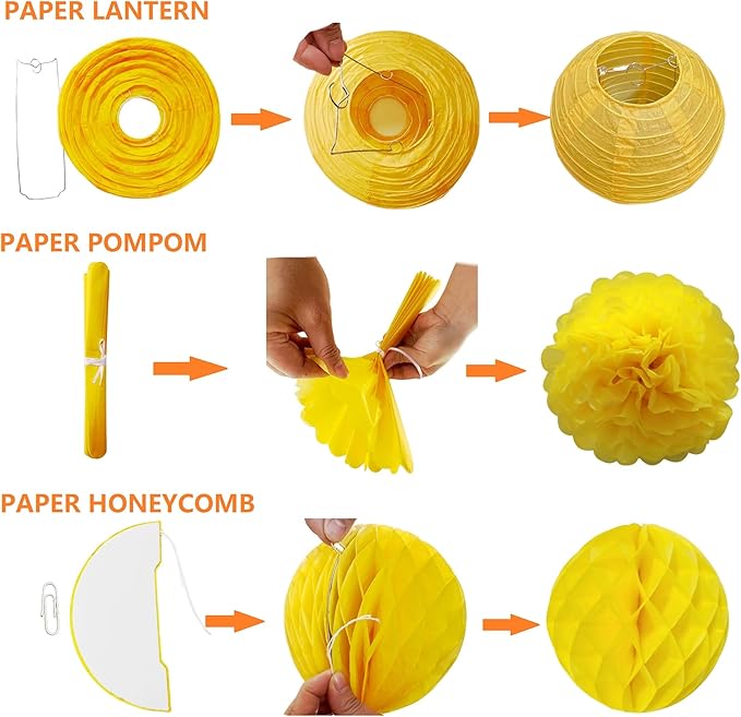 WOLHOWLTD Orange Paper Decoration Set - 34 Pcs Paper Lanterns, Pompoms, Honeycomb for Wedding,Harvest, Halloween,School Day,Bridal Baby Shower,Rainbow Birthday Party Classroom,Home Decoration (orange)