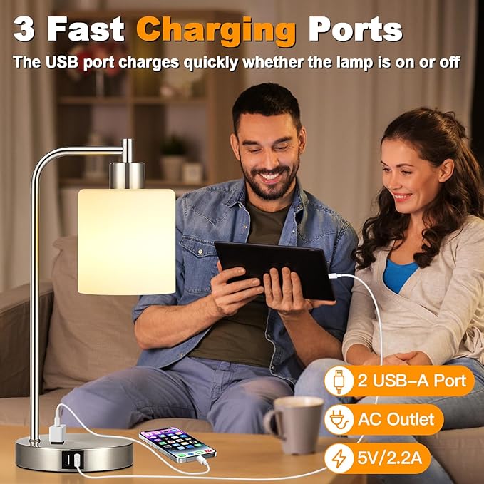 Set of 2 Industrial Touch Control Table Lamps with 2 USB Ports and AC Outlet - 3-Way Dimmable Nickel Bedside Lamp Nightstand Desk Lamps for Bedroom Living Room, Opal Glass Shade & 2 LED Bulbs Included