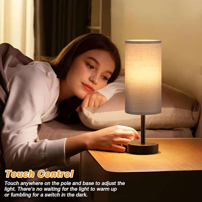 Grey Touch Bedside Lamp with USB - 3 Way Dimmable Table Lamp for Bedroom, Nightstand Lamp with Black Charging Station for Desk Dorm, Office, Boy Kids Room, Small