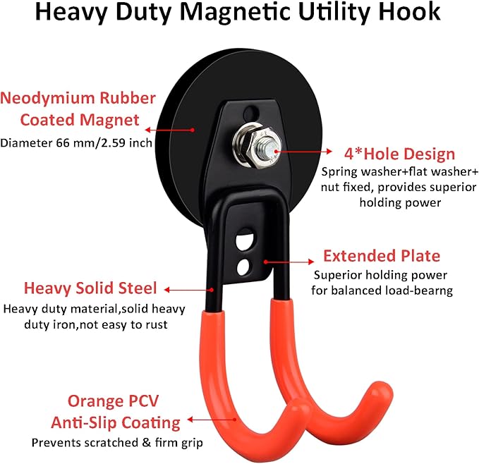 ULIBERMAGNET Garage Strong Magnetic Hooks, 2 Pack Heavy Duty Large J Hooks with Magnet, Anti-Slip Coating Magnet Hooks for Garden Tools, Ropes,Drill