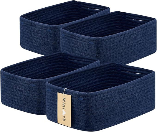 MiniArk Small Storage Baskets for Organizing | Closet Organizer Bins | Shelf Toy Basket | Woven Rope Baskets | Cube Decorative Box | Shallow Basket | 13x8.5x5.1” | 4 Packs Navy Blue