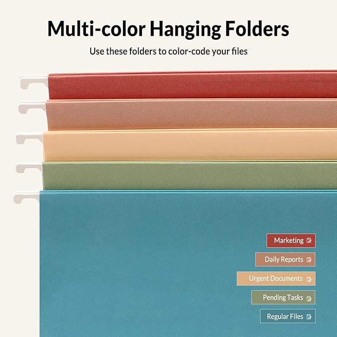 SUNEE Hanging File Folders, 50 Pack Letter Size Hanging File Folders with 1/5-cut Tabs, Stay Organized for Your Home and Office Bulk File, Documents and Paper,5 Retro Colors