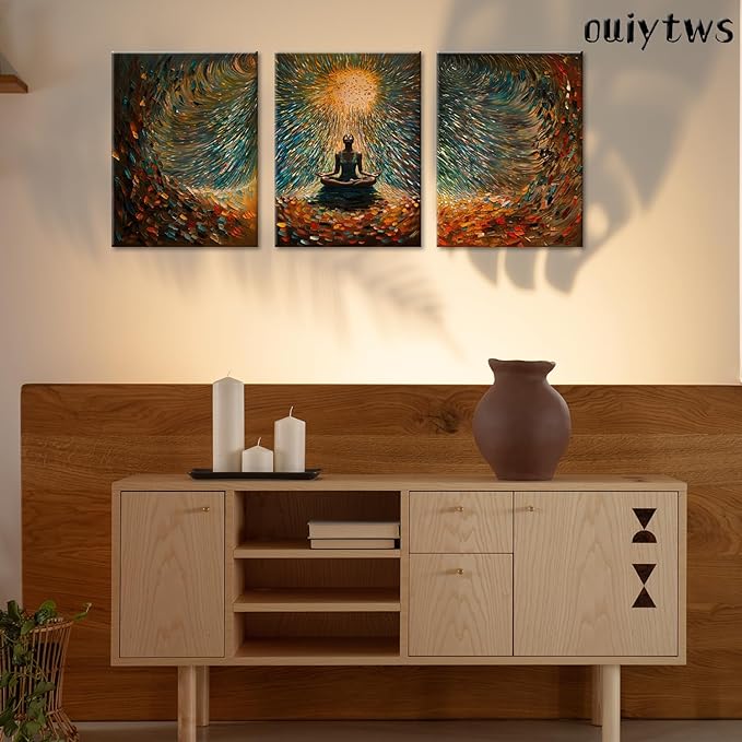 Framed Abstract Yoga Meditation Wall Art Set of 3Piece Canvas Poster Prints Painting, Vibrant Colorful Energy Flow, Tranquil Woman in Meditation for Home, Yoga Meditation Room,Office,Bedroom,16X24in