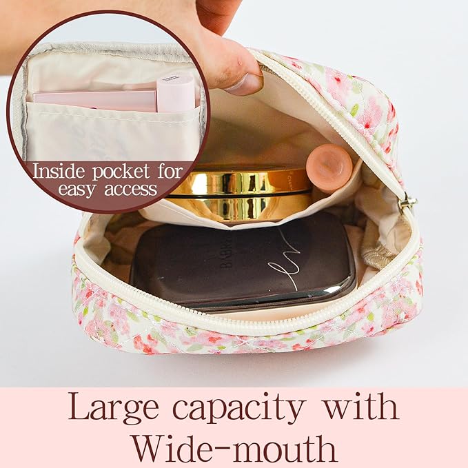 Small Floral Quilted Makeup Bag, Coquette Aesthetic Travel Toiletry Organizer for Women, Lightweight Cotton Cosmetic Pouch
