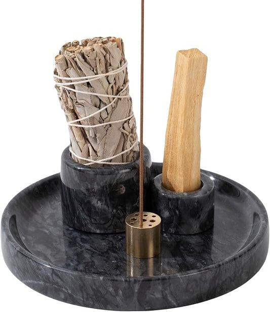 4 in 1 Marble Incense Holder, Natural Marble Incense Burner for Meditation, 9 Incense Holes Suitable for Most Incense Types (Black)