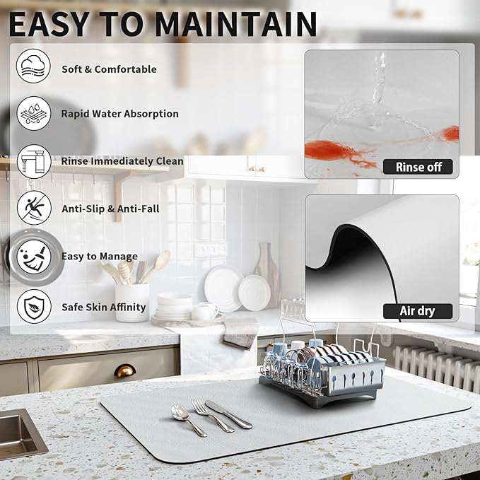 HotLive Dish Drying Mat for Kitchen Counter, Heat Resistant Drainer Mats with Non-slip Rubber Backed, Hide Stain Kitchen Super Absorbent Draining Mat, Easy to Clean Dish Rack Pad, Light Grey 18"x28"