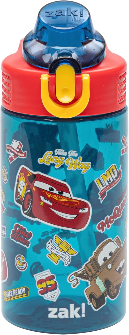 Zak Designs Disney Pixar Cars Sage Kids Water Bottle For School or Travel, 16oz Durable Plastic Water Bottle With Straw, Handle, and Leak-Proof, Pop-Up Spout Cover (Lightning McQueen & Mater)