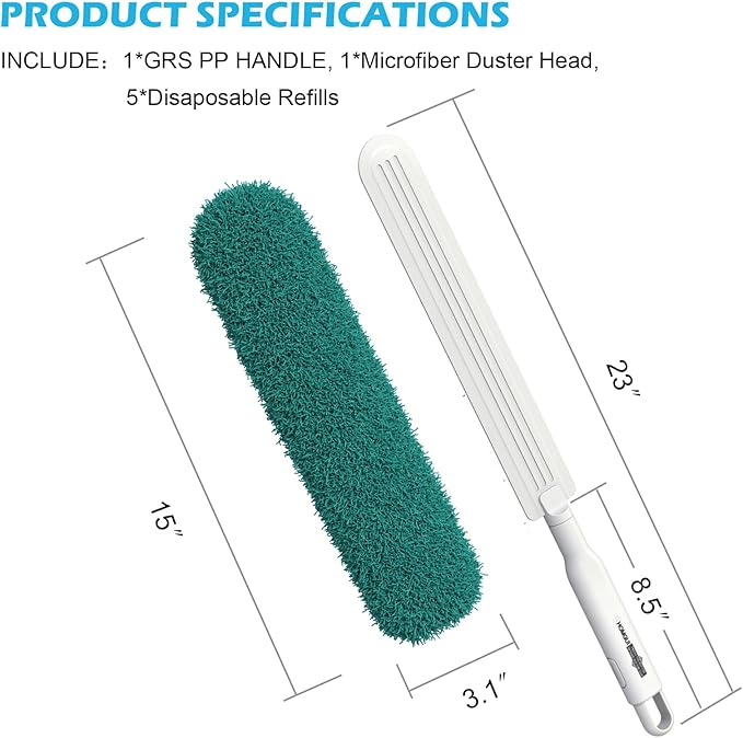 EHOMGUI Microfiber Duster, Feather Duster, Dusters for Cleaning, Washable Dusters with Reusable Microfiber Head, Feather Dusters for Cleaning Cobweb, Blinds, Furniture, Cars-Green