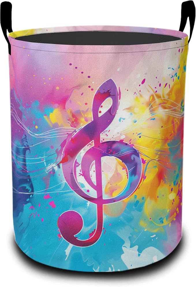 Colorful Music Symbols Laundry Basket-Large Foldable Hamper Holder Portable Tall Collapsible Laundry Hamper Storage Basket Bin with Handles, Canvas & Waterproof lining for Household Items
