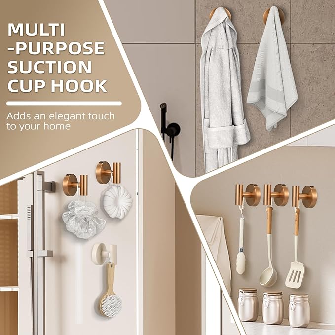 Suction Cup Hooks for Shower - Bathroom Reusable Hooks for Towels, Robes & Loofah - No-Drill Mounting on Kitchen, Walls, Metal, Glass, Mirrors, Tile & Smooth Non-Porous Surfaces (2, Champagne Bronze)