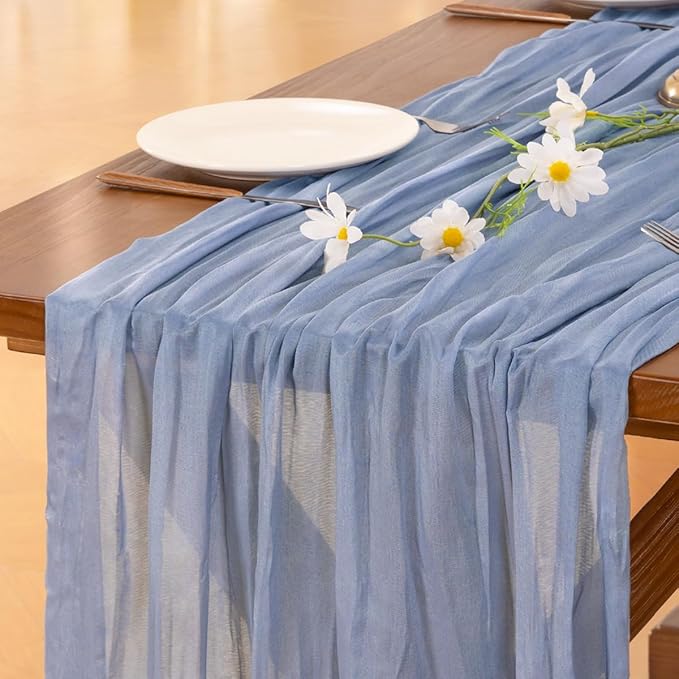 Socomi 6pcs Dusty Blue Summer Cheesecloth Table Runner Boho Rustic Gauze 120 inch 10FT Cheese Cloth Sheer Runner for Wedding Party Baby Shower Birthday Home Decor Holiday Decorations