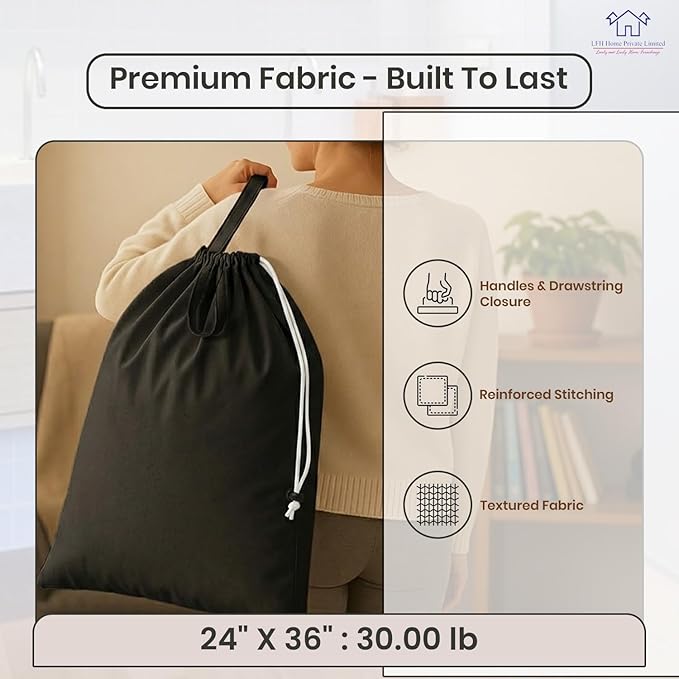 LFH Home Large Premium Cotton Canvas Laundry Bag with Drawstring and Handles Heavy Duty, Multi-Use, and Washable for Home, Travel, College or Storage 24x36 (Pack of 4)-Black