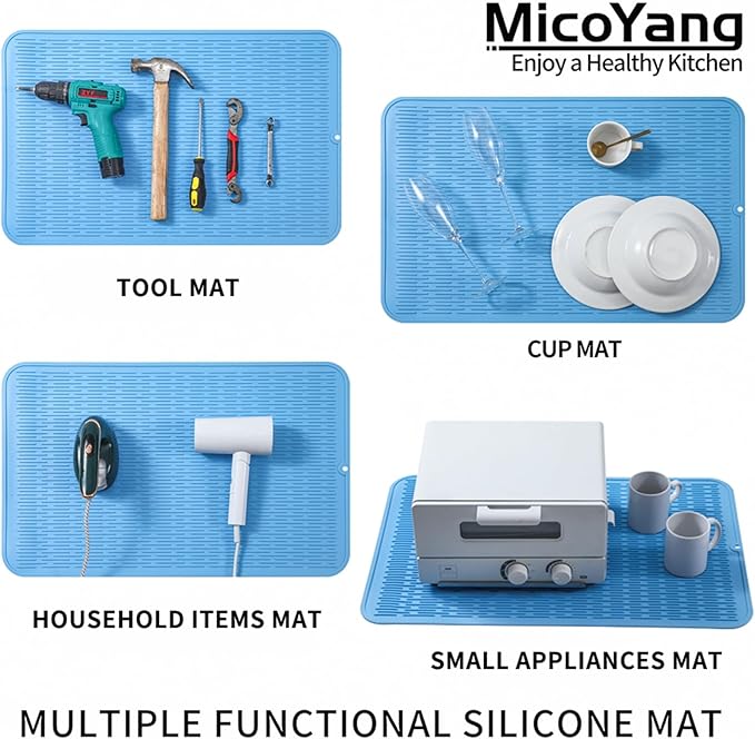 MicoYang Silicone Dish Drying Mat for Multiple Usage,Easy clean,Eco-friendly,Heat-resistant Silicone Mat for Kitchen Counter or Sink,Refrigerator or Drawer Liner Light Blue 4XL 32 inches x 18 inches