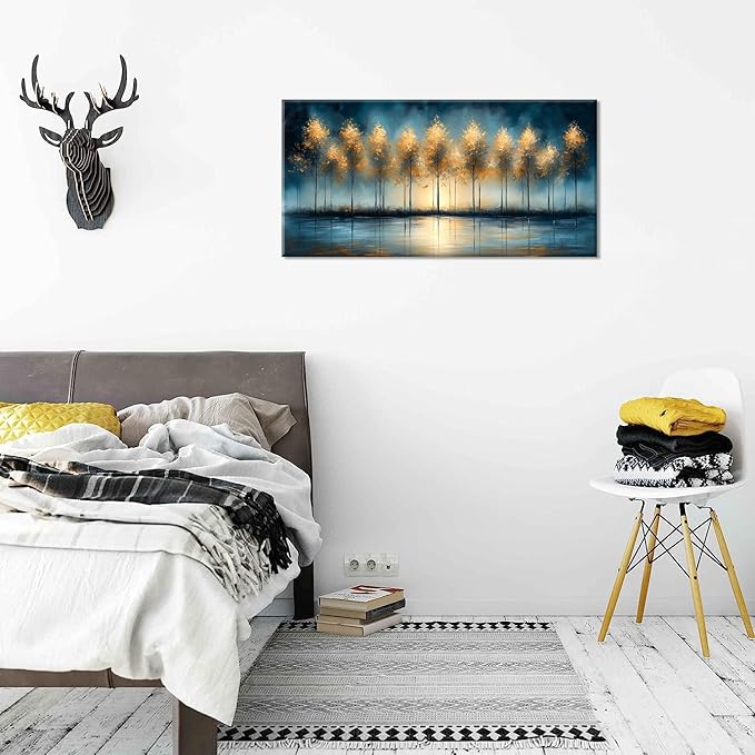 ZESTRILIA Golden Trees Wall Art Impression Canvas Abstract Sunset Oil Painting Reproduction Print Artwork Landscape Picture for Living Room Bedroom Home Office Kitchen Décor (20x40inch)