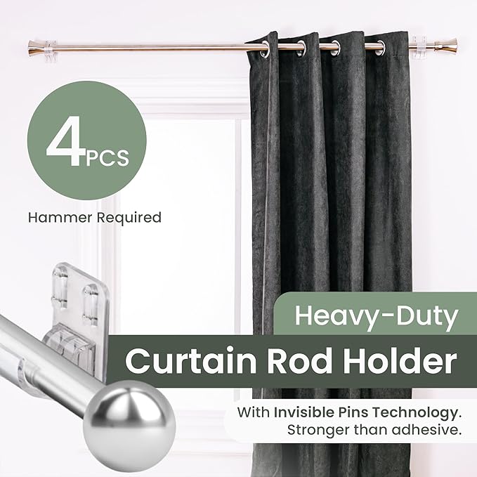 No Adhesive Heavy Duty Curtain Rod Holders with Wide Hook, 5X Stronger Than Adhesive Curtain Rod Hooks, Tension Curtain Rod Bracket for Wall with Pin Guide, Curtain Wall Mount (4 Pack, for 1.25" Rods)