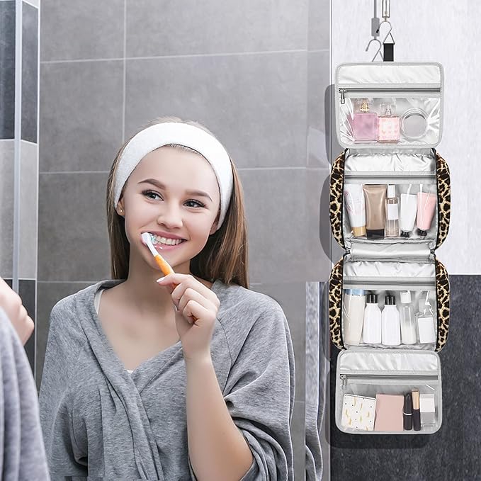 Bosidu Hanging Travel Toiletry Bag, Large Capacity Cosmetic Travel Toiletry Organizer for Women with 4 Compartments & 1 Sturdy Hook, Perfect for Travel/Daily Use/Christmas