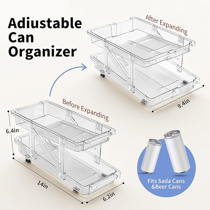 Soda Can Dispenser for Refrigerator Can Holders for Fridge, Adjustable Width Soda Can Organizer for Refrigerator, Drink Organizer for Fridge Suitable for Storage Cabinet and Pantry Clear (1 Pack)