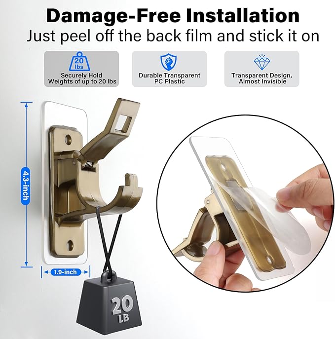 Antimbee 6-Pack No Drill Needed Curtain Rod Holders Brackets, Self Adhesive Rod Holder Hooks, Multipurpose Nail Free Stick on Curtain Rods Hooks-Transparent Rustic Brown